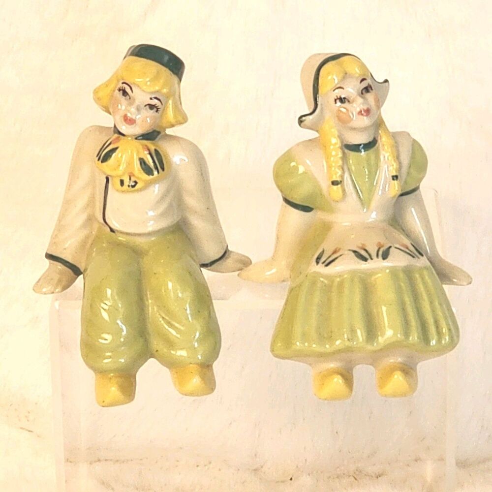 1960's Dutch Girl And Boy In Green Figurines Shelf Sitters VTG MCM USA